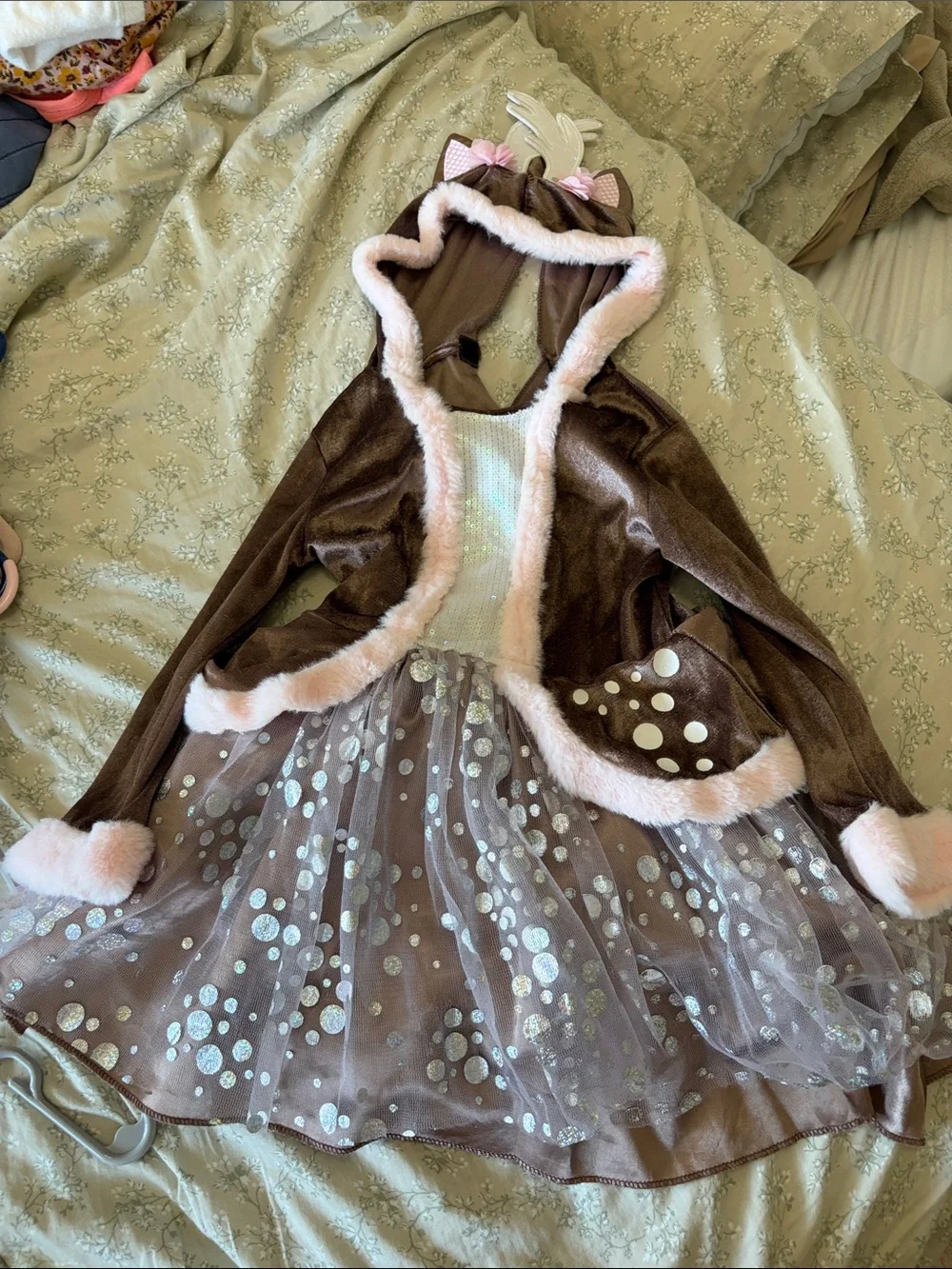 Brown and Pink Sparkle Deer Hooded Kids Costume Dress